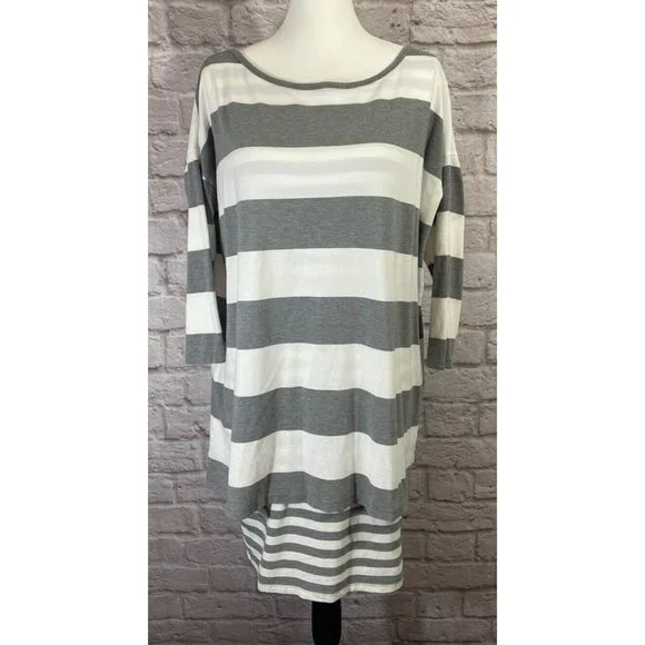GARNET HILL Women S Double Layer Knit Dress Gray White Stripe Tunic Stretch 9159 - Picture 2 of 8